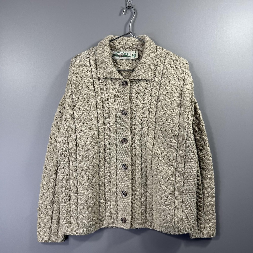 Aran Crafts Sweater Womens Medium Beige Merino Wool Cable Knit Cardigan Ireland